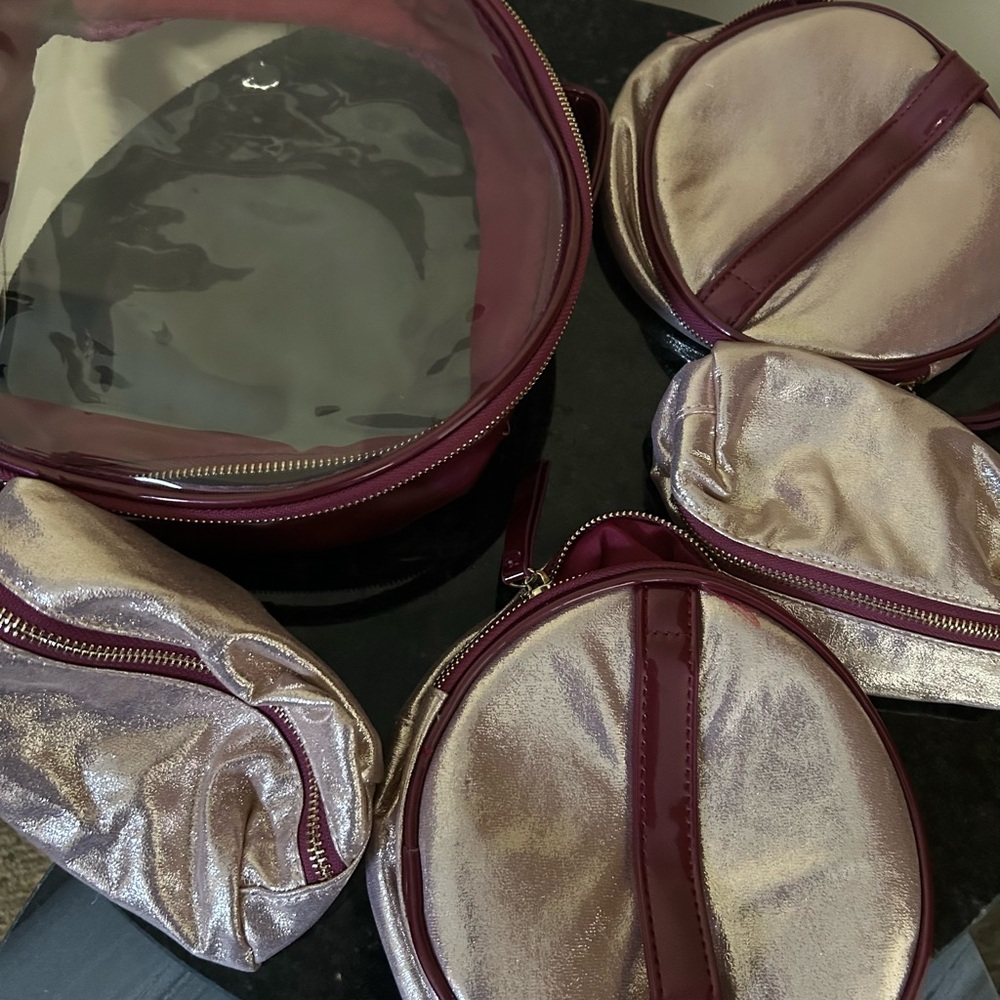 Transparent PVC Shine Pink/Burgundy  Glitter 5 Piece Toiletry Bag Pouch Set - Picture 5 of 5